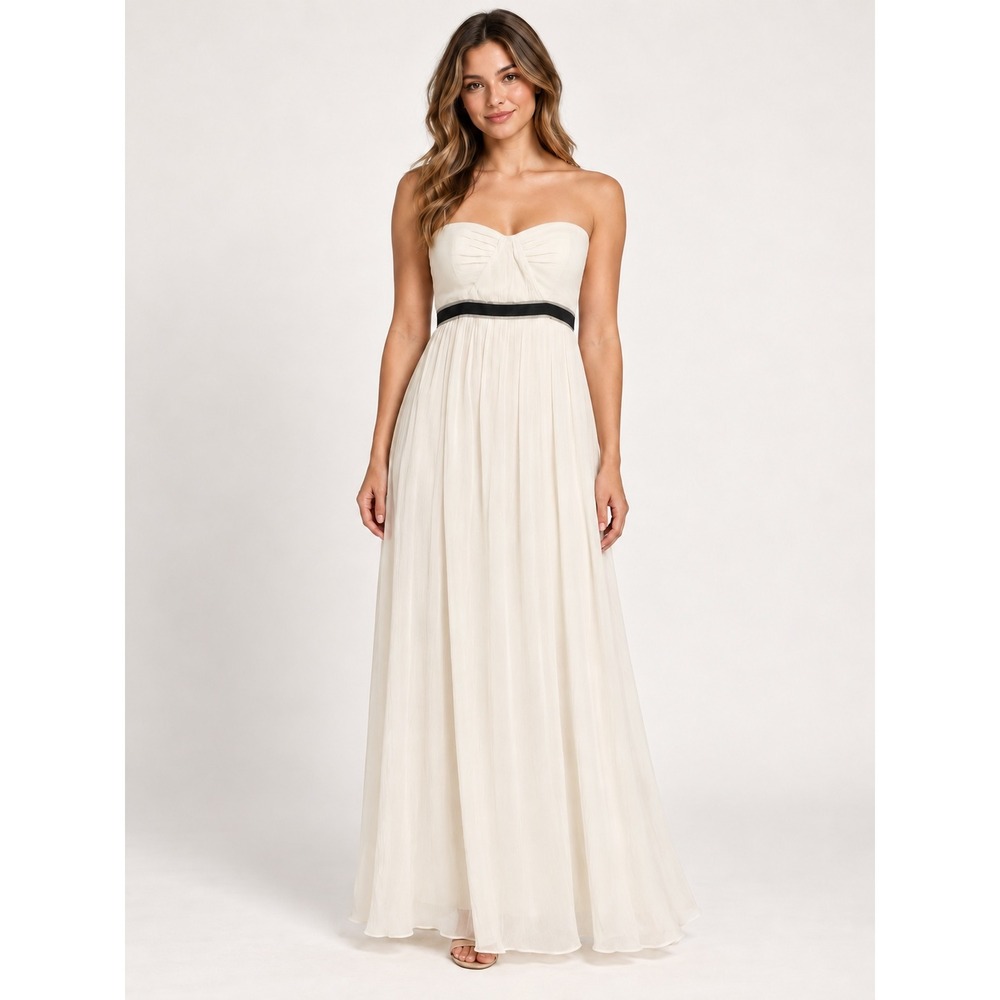 BCBGMAXAZRIA Ivory Silk Strapless Maxi Dress Black Waistband Size 10